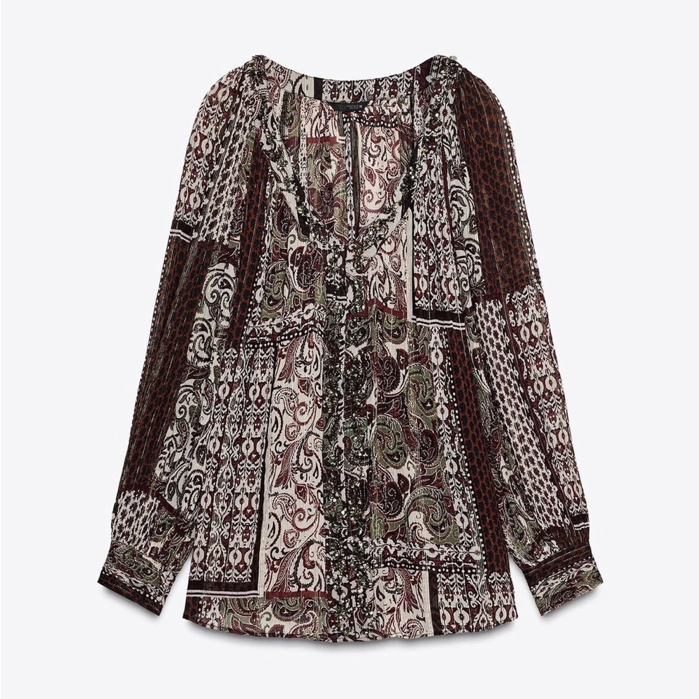 Zara NWT metallic thread beaded printed blouse - Picture 2 of 7